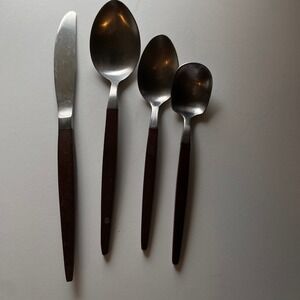 Vintage Stainless Steel Japan Wood Handle Flatware‎ Knife Spoons Set Retro